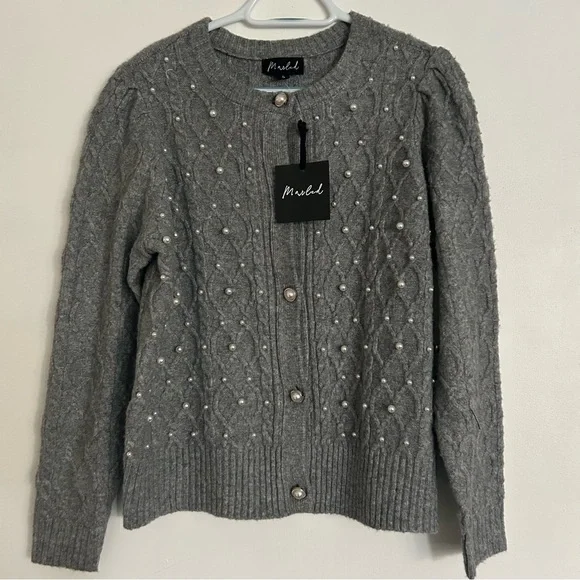 Marled Gray Women's Cardigan Sweater Pearl Details Small Coquette Feminine - Picture 2 of 7